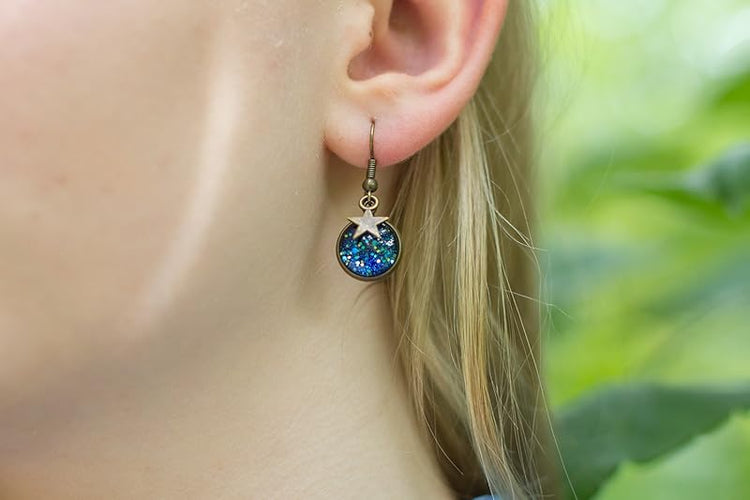 Summerfield Collection Antiqued Gold-tone Ocean Blue Glitter Glass Star Charm Galaxy Dangle Earrings Hand-painted