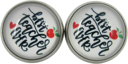 Summerfield Collection Stainless Steel Teacher Print Glass Stud Earrings 12mm (Best Teacher Ever/Apple)