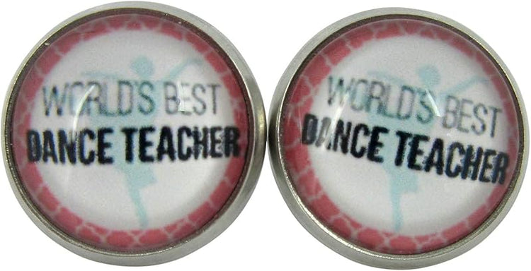 Summerfield Collection Stainless Steel Teacher Print Glass Stud Earrings 12mm (World's Best Dance Teacher)