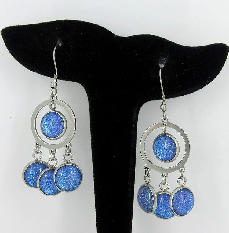 Summerfield Collection Stainless Steel Colorshifting Glitter Glass Chandelier Dangle Earrings Handpainted (Blue)