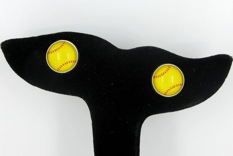 Summerfield Collection Silver-tone Softball Print Glass Stud Earrings 12mm Yellow