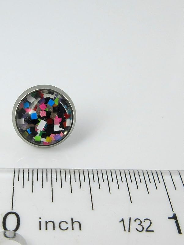 Summerfield Collection Stainless Steel Pixel Party Glitter Glass Stud Earrings Hand-painted 10mm
