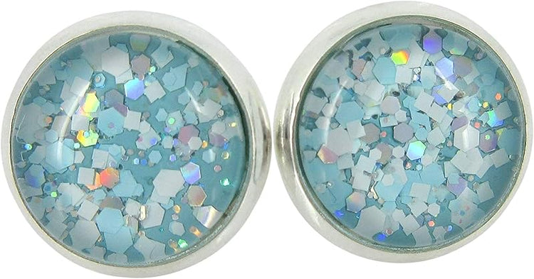 Summerfield Collection Silver-tone Blue and White Glitter Glass Stud Earrings Hand-painted 10mm