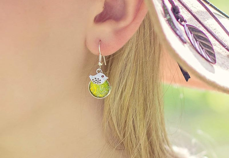 Summerfield Collection Silver-tone Yellow Green Glitter Glass Bird Charm Dangle Earrings Hand-painted