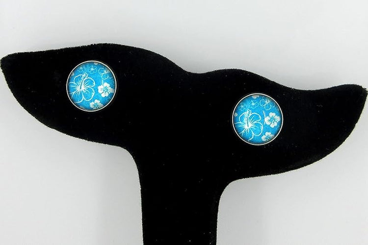 Summerfield Collection Stainless Steel Hibiscus Flower Print Glass Stud Earrings 12mm Hawaiian (Aqua Blue)
