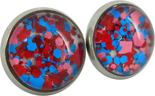 Summerfield Collection Stainless Steel Red Blue Pink Glitter Glass Stud Earrings Hand-painted 10mm