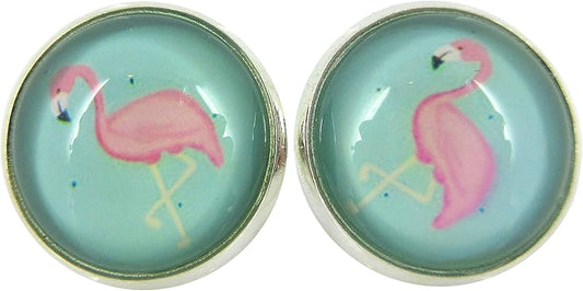 Summerfield Collection Silver-tone Teal Green Blue and Pink Flamingo Print Glass Stud Earrings 12mm