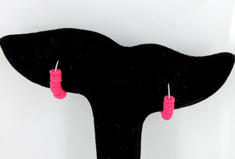 Summerfield Collection 15mm Stainless Steel Polymer Clay Katsuki Bead Hoop Earrings (Neon Pink)