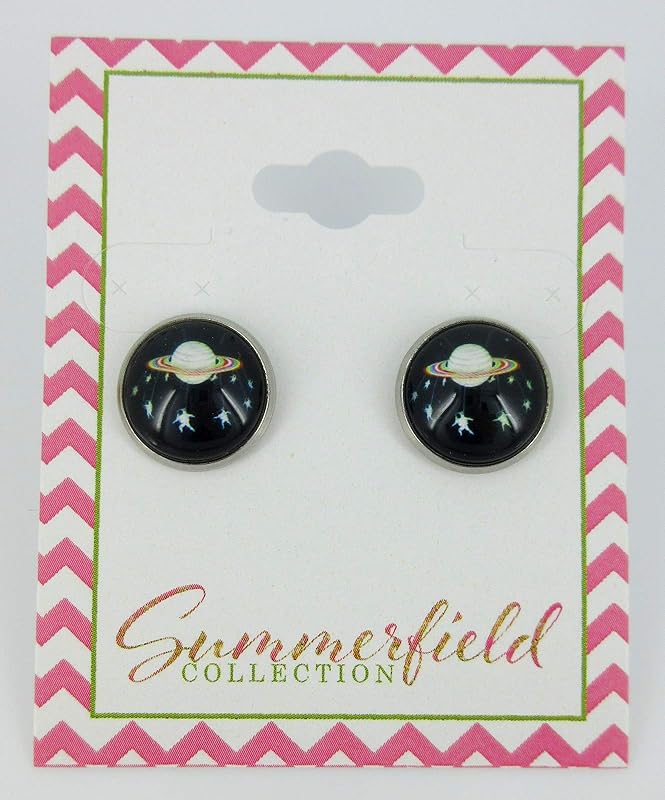 Summerfield Collection Stainless Steel Black Planet and Star Galaxy Print Glass Stud Earrings 12mm