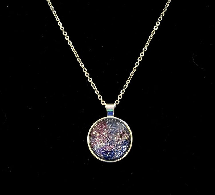 Summerfield Collection Silver-tone Hand-painted Glitter Glass Galaxy Pendant Necklace 20" Chain Stainless Steel