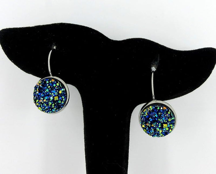 Summerfield Collection Stainless Steel Faux Druzy Stone Lever-back Drop Earrings 14mm (Blue/Green/Yellow)