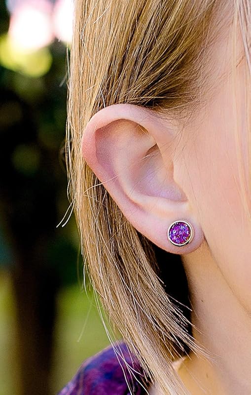 Summerfield Collection Silver-tone Bronze Blue Purple Glitter Glass Stud Earrings Hand-painted 8mm
