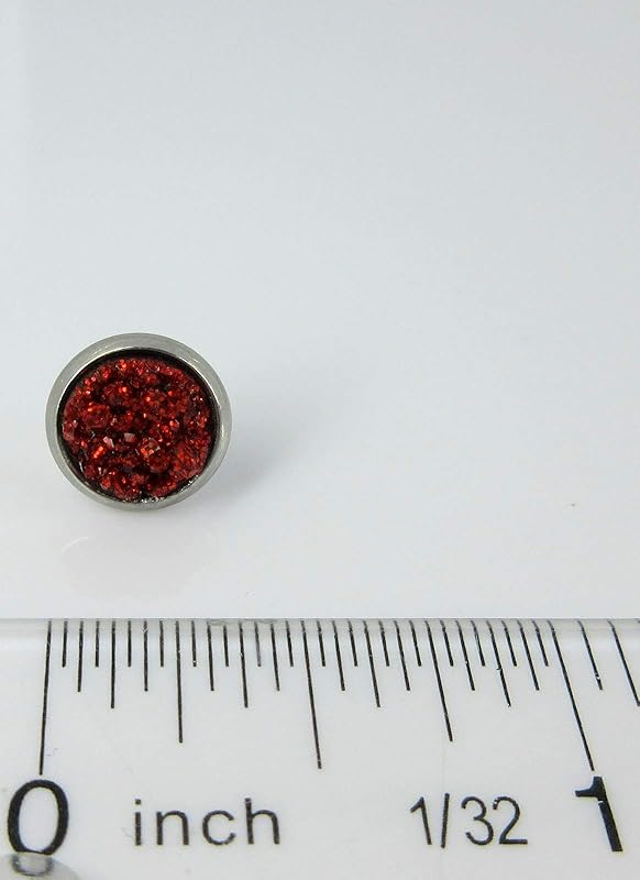 Summerfield Collection Stainless Steel Glitter Faux Druzy Stone Stud Earrings 8mm (Red)