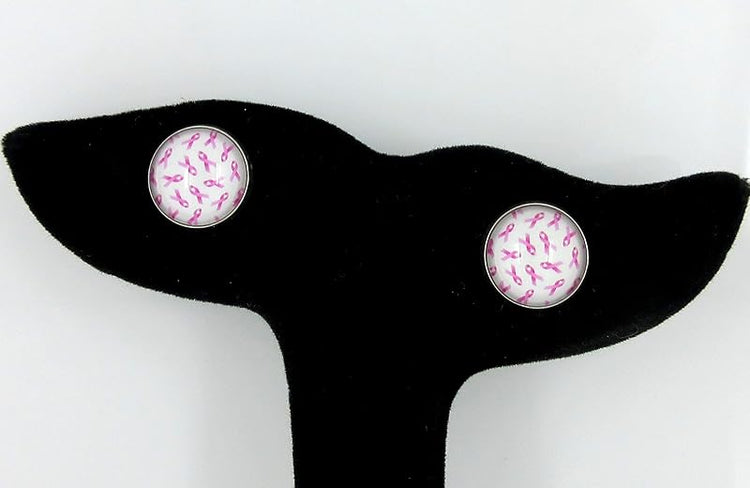 Summerfield Collection Stainless Steel Pink Ribbon Breast Cancer Awareness Printed Glass Stud Earrings 12mm White