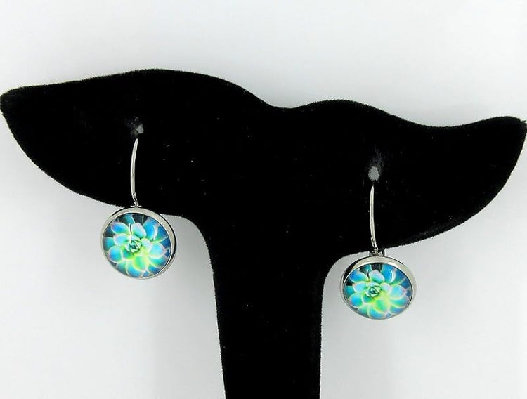 Summerfield Collection Stainless Steel Succulent Printed Glass Necklace Drop Earrings Set (Blue/Green)