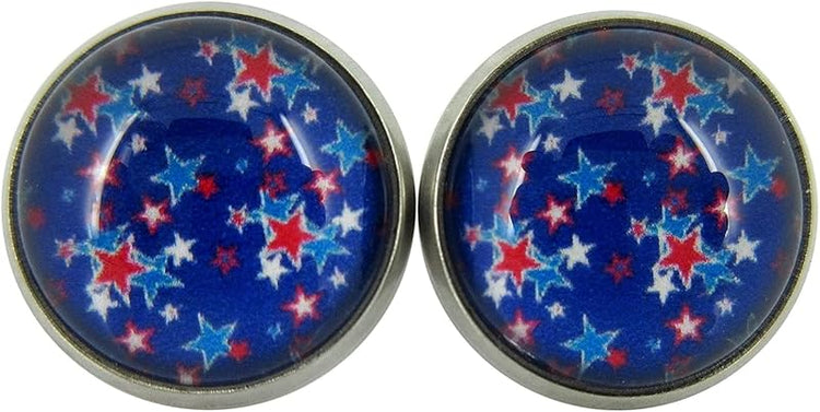 Stainless Steel Patriotic Stars Print Glass Stud Earrings 12mm (Royal Blue)