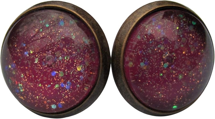 Summerfield Collection Antiqued Gold-tone Plum Berry Purple Glitter Glass Galaxy Stud Earrings 12mm Hand-painted
