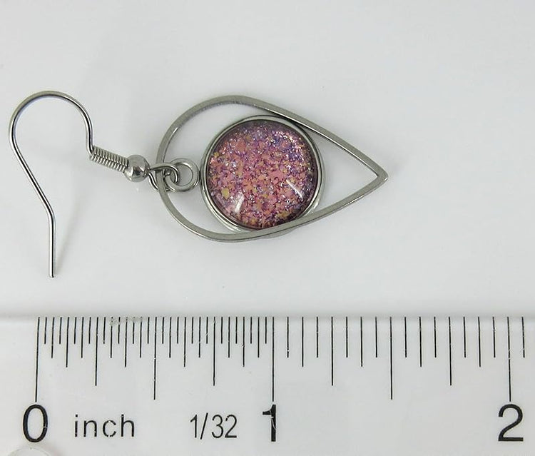 Summerfield Collection Stainless Steel Purple and Pink Glitter Flake Glass Charm Dangle Earrings Handpainted