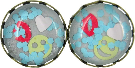 Summerfield Collection Antiqued Gold-tone Emoji Glitter Glass Stud Earrings Pink Red Yellow Aqua Blue Hand-painted