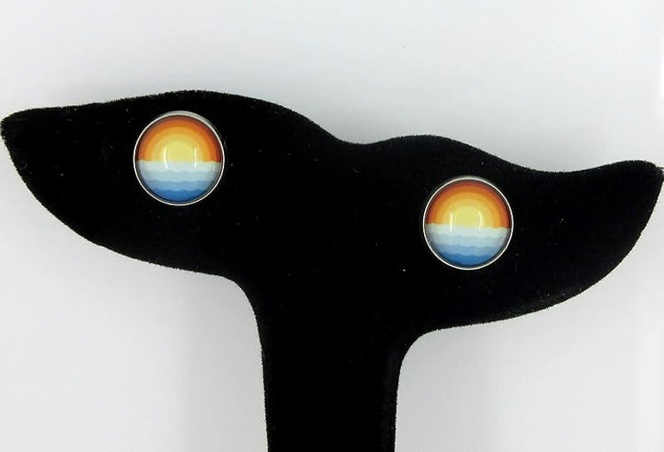 Summerfield Collection Stainless Steel Vintage Sunset Horizon and Ocean Waves Print Glass Stud Earrings 12mm