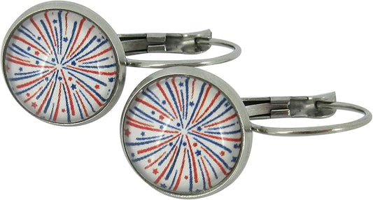 Summerfield Collection Stainless Steel Firework Print Glass Lever-back Drop Earrings 12mm Red White Blue USA