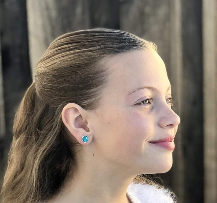 Summerfield Collection Duo Silver-tone Faux Druzy Stone Stud Earrings 8mm Set (Sea Aqua Blue/Silver)