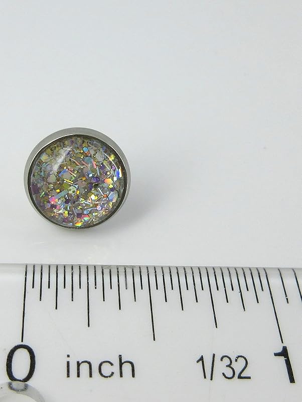 Summerfield Collection Stainless Steel Metallic Silver and Gold Glitter Glass Stud Earrings Hand-painted 10mm