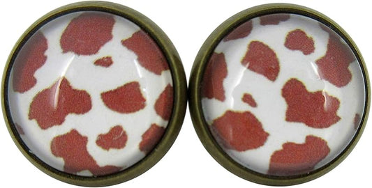 Summerfield Collection Antiqued Gold-tone Brown Cow Animal Print Glass Stud Earrings 12mm