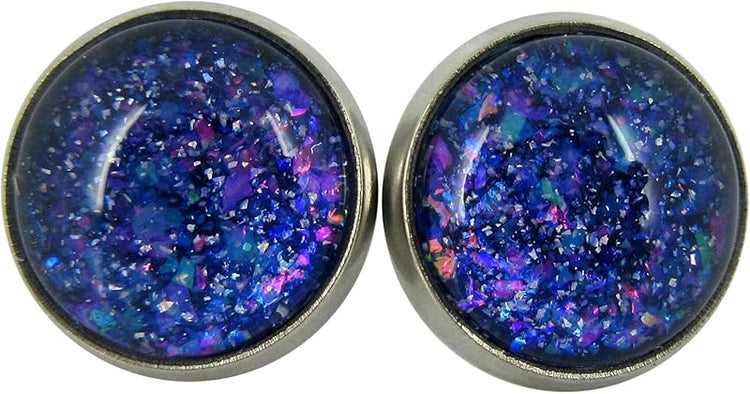 Summerfield Collection Stainless Steel Blue Purple Pink Glitter Glass Stud Earrings Hand-painted 10mm