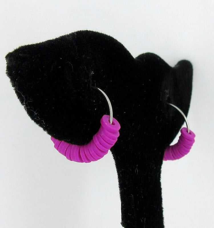 Summerfield Collection 15mm Stainless Steel Polymer Clay Katsuki Bead Hoop Earrings (Neon Purple)