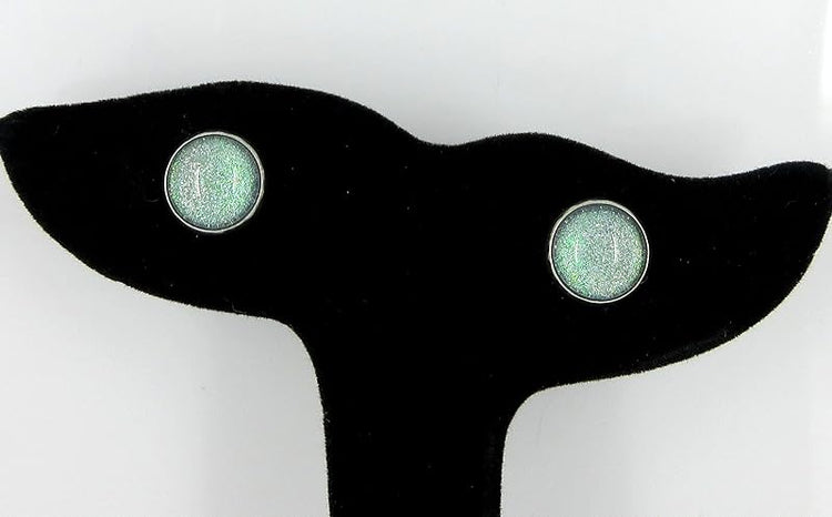 Summerfield Collection Stainless Steel Green with Holographic Glitter Glass Stud Earrings Hand-painted 10mm