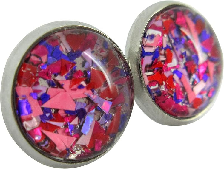 Summerfield Collection Stainless Steel Pink Purple Red Metallic Shard Glitter Glass Stud Earrings Hand-painted 10mm