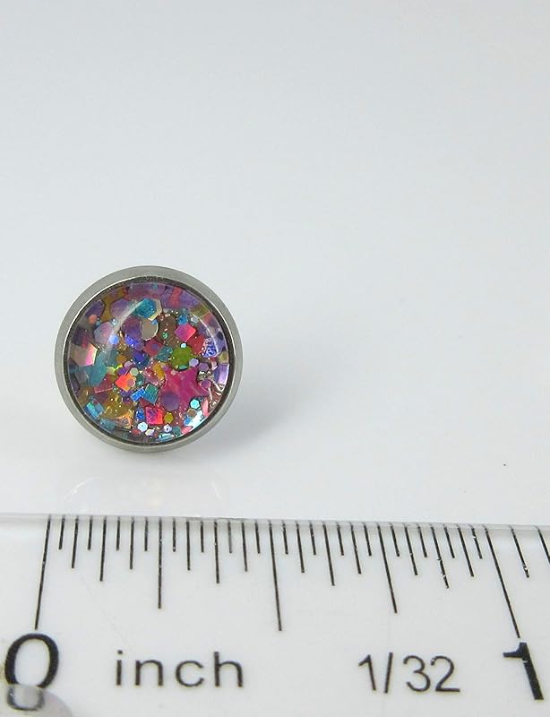 Summerfield Collection Stainless Steel Metallic Pastel Glitter Glass Stud Earrings Hand-painted 10mm