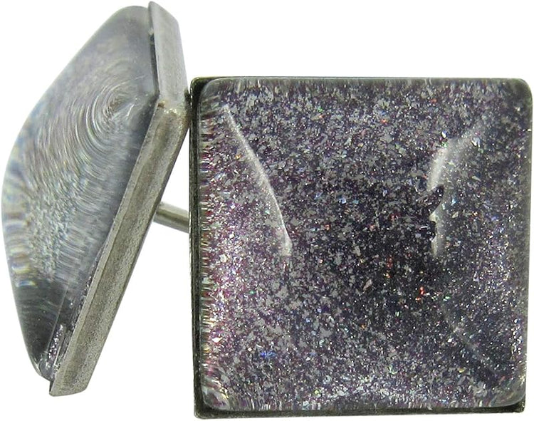 Summerfield Collection Stainless Steel Charcoal Gray Purple Green Glitter Glass Stud Earrings Hand-painted Square 10mm