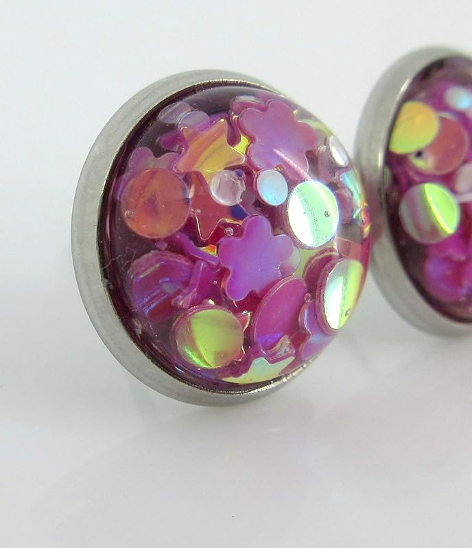 Summerfield Collection Stainless Steel Glitter Resin Globe Stud Earrings 12mm (Magenta)