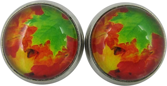 Summerfield Collection Stainless Steel Fall Leaves Green Orange Yellow Print Glass Stud Earrings 12mm