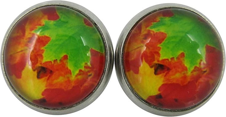 Summerfield Collection Stainless Steel Fall Leaves Green Orange Yellow Print Glass Stud Earrings 12mm