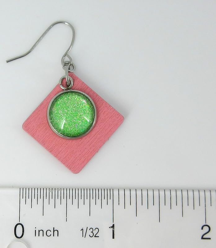 Summerfield Collection Stainless Steel Lime Green AB Glitter Glass Charm Pink Wood Square Dangle Earrings