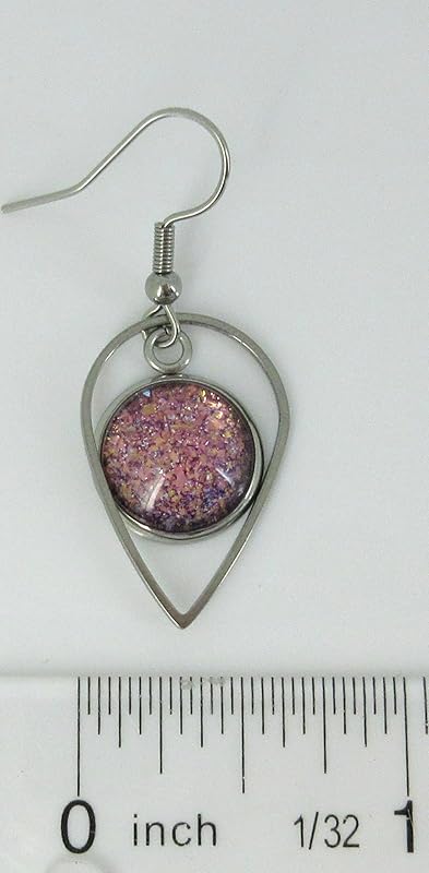 Summerfield Collection Stainless Steel Purple and Pink Glitter Flake Glass Charm Dangle Earrings Handpainted