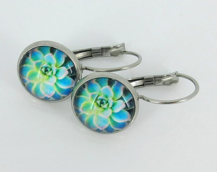 Summerfield Collection Stainless Steel Succulent Printed Glass Necklace Drop Earrings Set (Blue/Green)