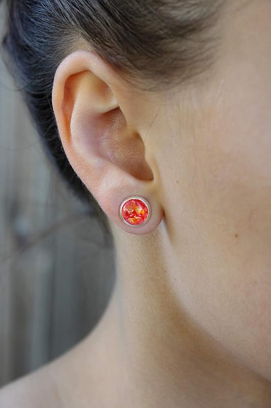 Summerfield Collection Shiny Silver-tone Opalescent Leaf Resin Stud Earrings 8mm (Red/Orange)
