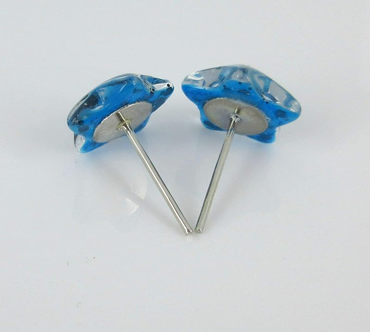 Summerfield Collection Aqua Blue and Black Star Shaped Glitter Glass Galaxy Stud Earrings 10mm Hand-painted