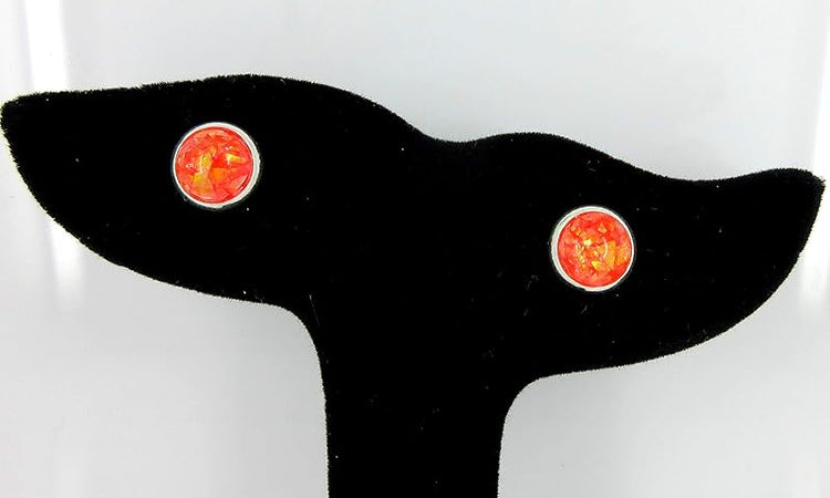 Summerfield Collection Shiny Silver-tone Opalescent Leaf Resin Stud Earrings 8mm (Red/Orange)