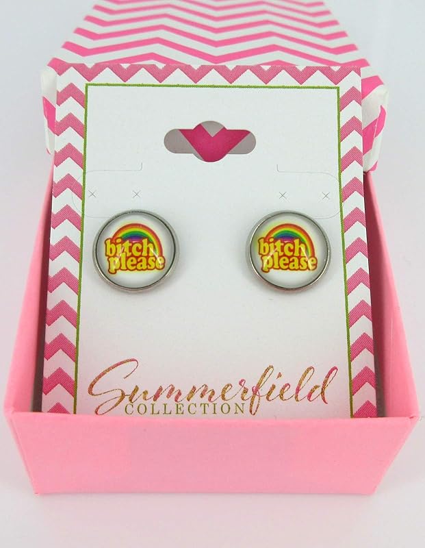 Summerfield Collection Stainless Steel Rainbow Bitch Please Print Glass Stud Earrings 12mm