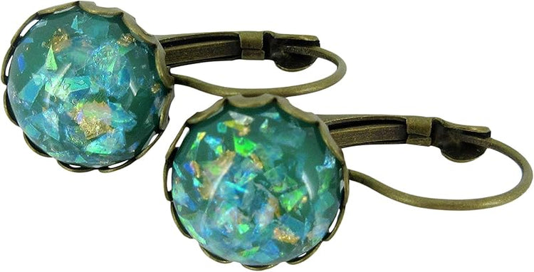 Summerfield Collection Antiqued Gold-tone Opalescent Leaf Resin Lever-back Drop Earrings (Green)