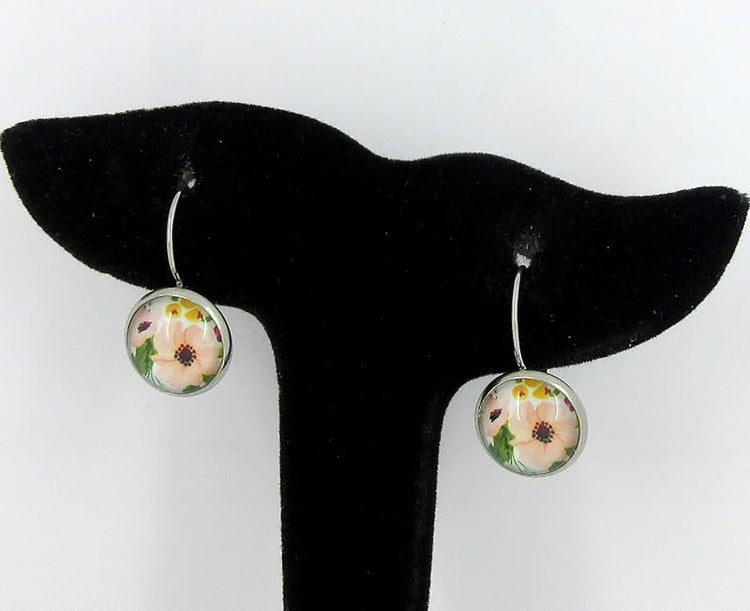 Summerfield Collection Stainless Steel Pink Flower Printed Glass Lever-back Drop Earrings 12mm