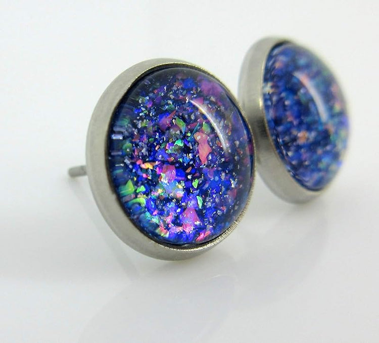 Summerfield Collection Stainless Steel Blue Purple Pink Glitter Glass Stud Earrings Hand-painted 10mm