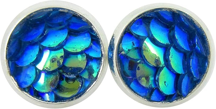 Summerfield Collection Silver-tone Metallic Mermaid Scale Stud Earrings 8mm (Blue/Green)