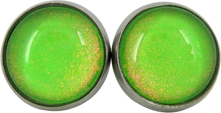 Summerfield Collection Stainless Steel Neon Green Colorshifting Glitter Glass Stud Earrings Hand-painted 10mm