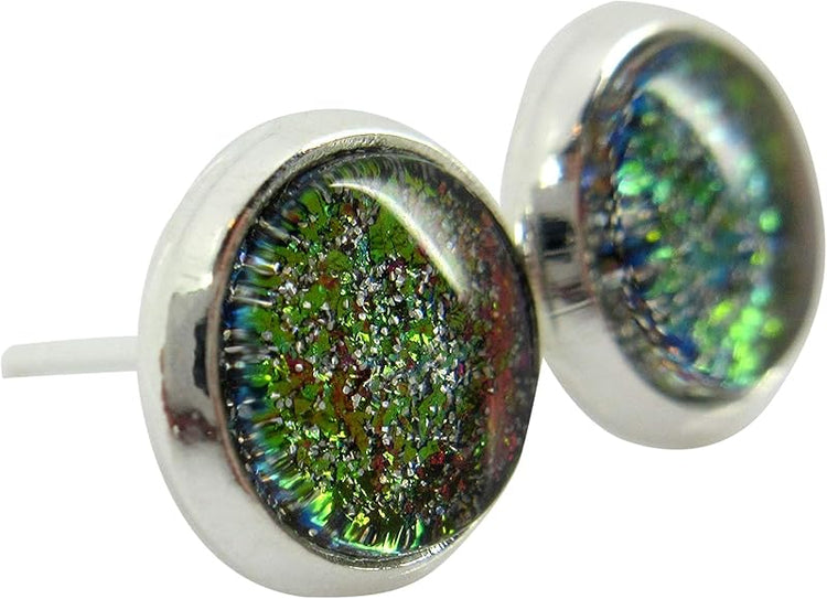 Summerfield Collection Silver-tone Pink Green Gold Purple Glitter Glass Stud Earrings Hand-painted 8mm